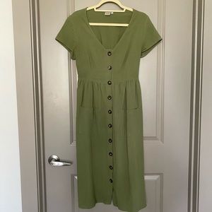 ROOLEE Olive Green Button Down Linen Midi Dress